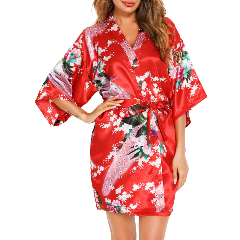 Ceres Satin Above Knee Bathrobe, S, Red