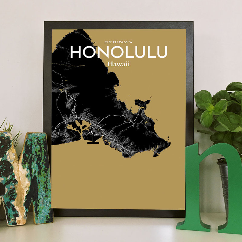 Honolulu City Map 1 Piece Wall Art, 43.2cm H x 27.9cm W x 0.13cm D