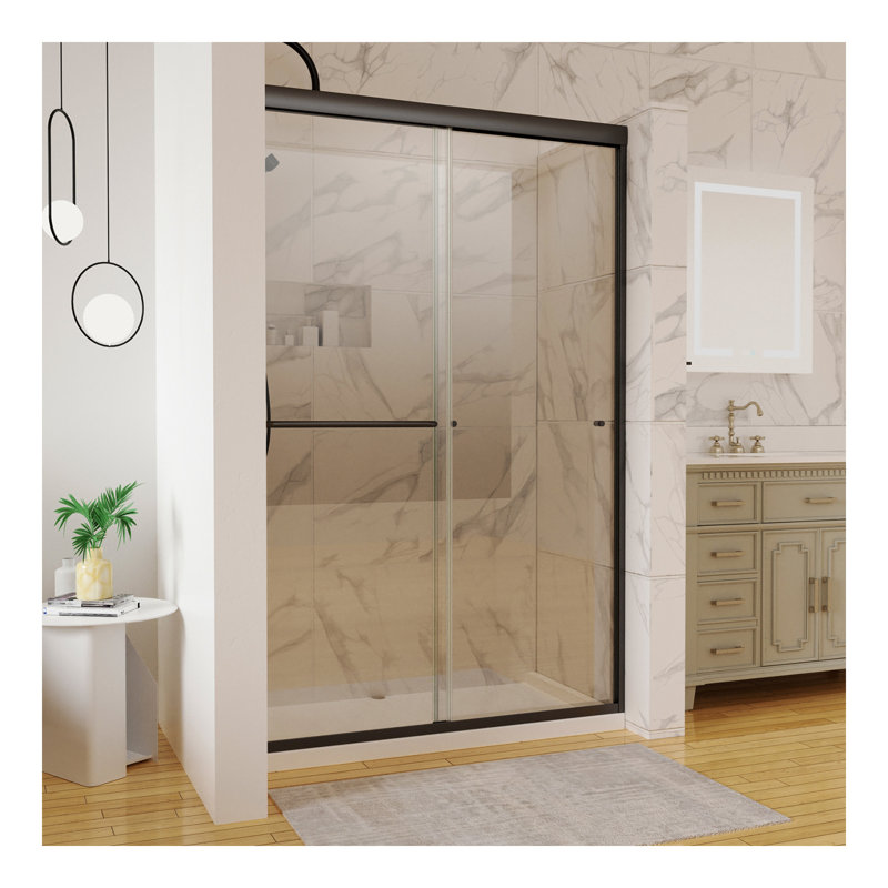Porte de douche coulissante traditionnelle de 44 po à 48 po x 72 po en noir mat avec verre transparent