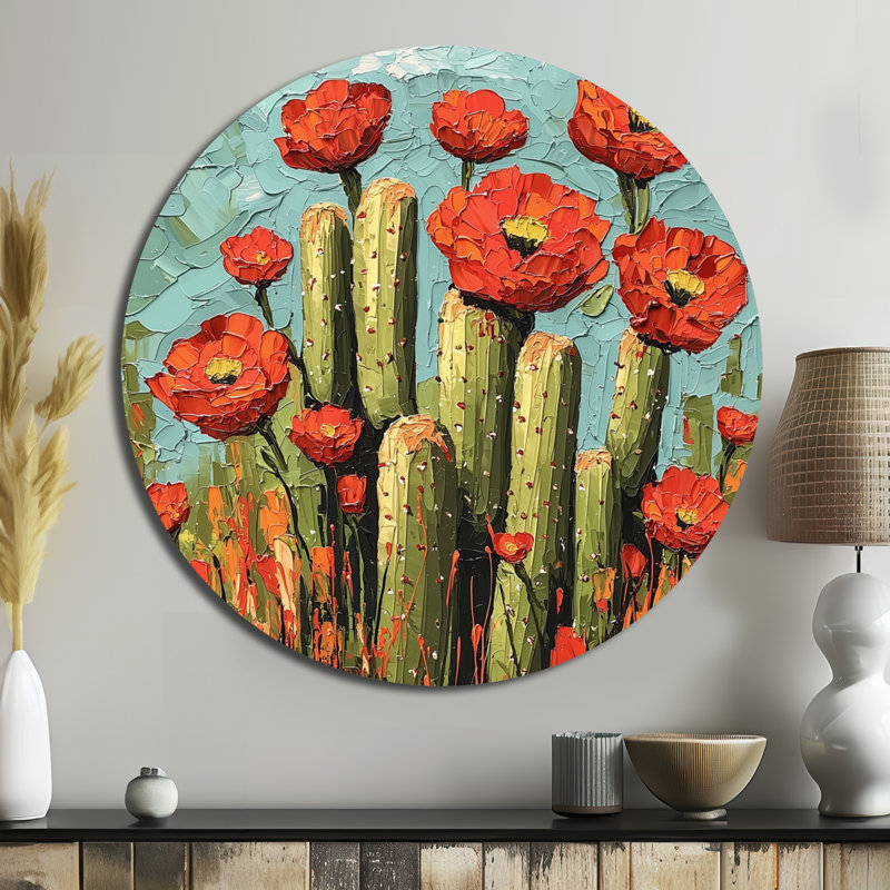 «Cactus and the Desert Blooms II - Cactus», décoration murale en métal traditionnelle rouge, H 23 po x l 23 po