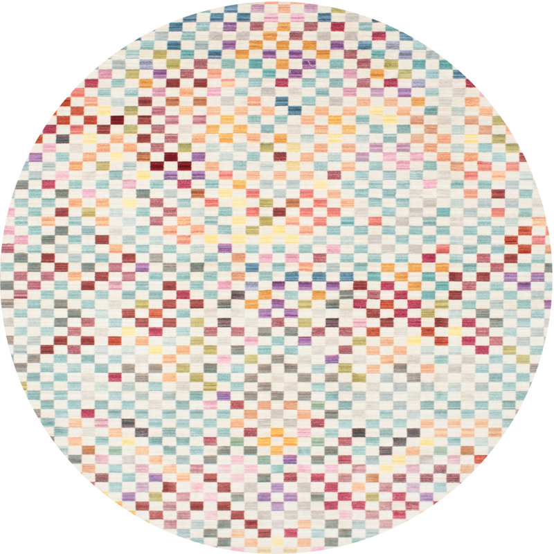 Tapis décoratif bleu clair/rouge à motif géométrique Tolson, Rond 5 pi