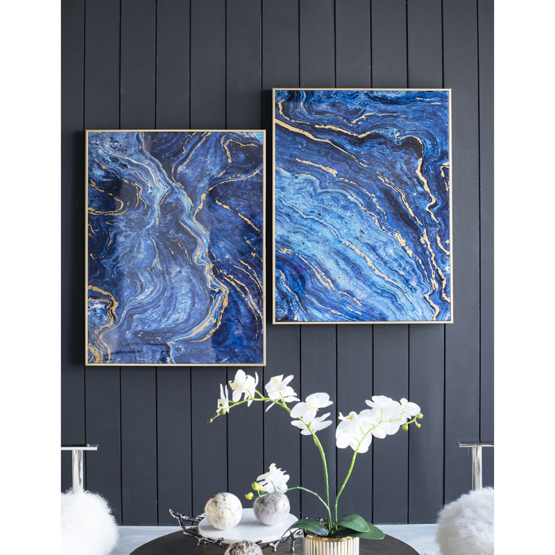 2 panneaux d'art encadrés bleus et dorés, 30,5 x 40 po, magnifiquement marbré, matériaux pour tout espace 2 30,5 x 40, motif époustouflant, fait de qualité