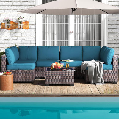 Ensemble de mobilier d'extérieur 7 pièces, canapé modulaire en osier avec coussins, ensemble de conversation modulaire en rotin, table basse incluse, modulaire d'extérieur pour le jardin, balcon, porche
