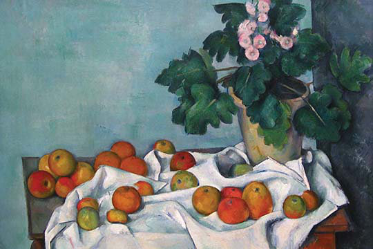 Nature morte avec des pommes et un pot de primevères par Paul Cezanne - reproduction, H 24 po x l 36 po x P 1,5 po