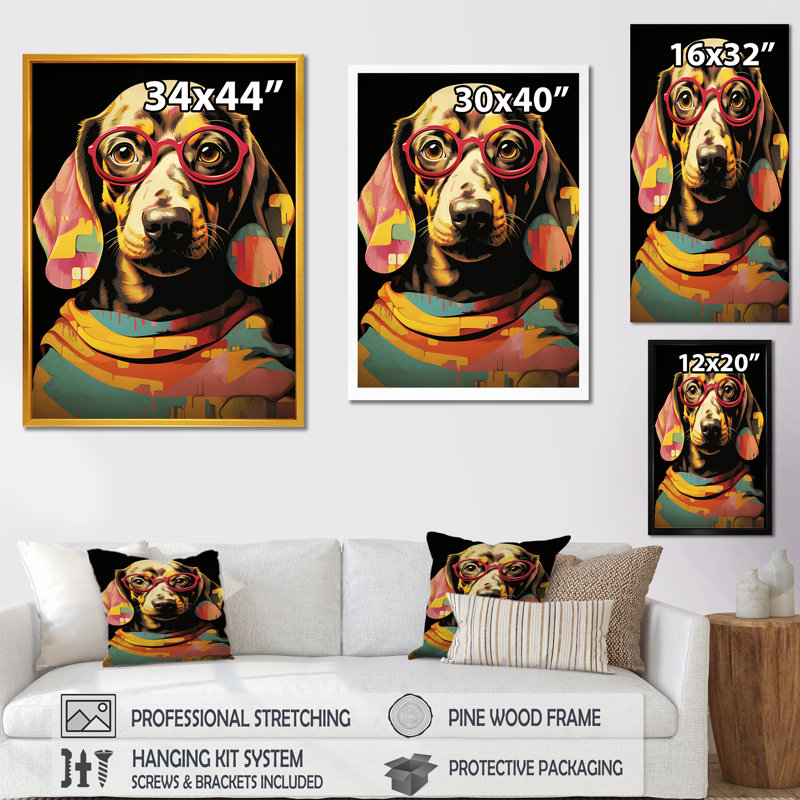 «Curious Popart Daschund Dog II», art mural chien, Cadre simple noir, H 40 po x l 30 po x P 1,5 po