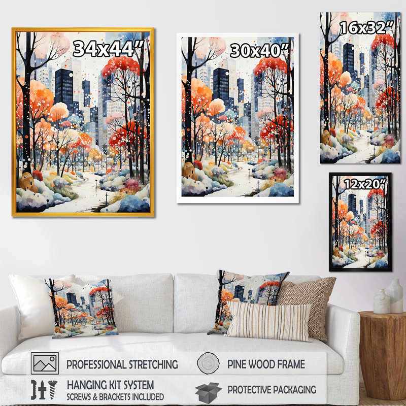 Automne ville, charme Art déco II - Art mural déco ville, Cadre photo doré simple, H 44 po x l 34 po x P 1,5 po