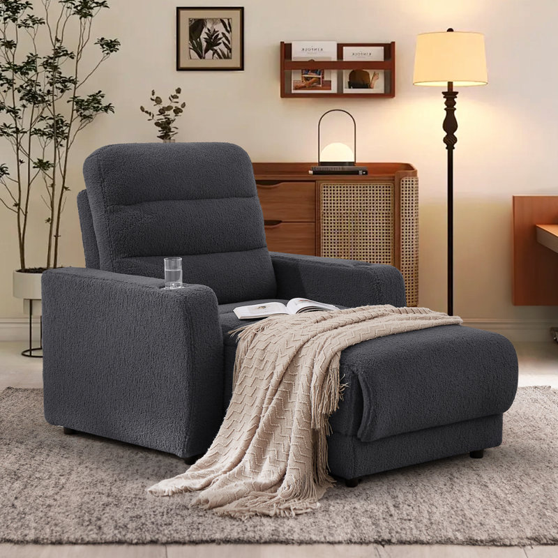 Upholstered Power Reclining Chaise Lounge with Cup Holder and Wireless Charging Function, Dark Gray 100% Polyester