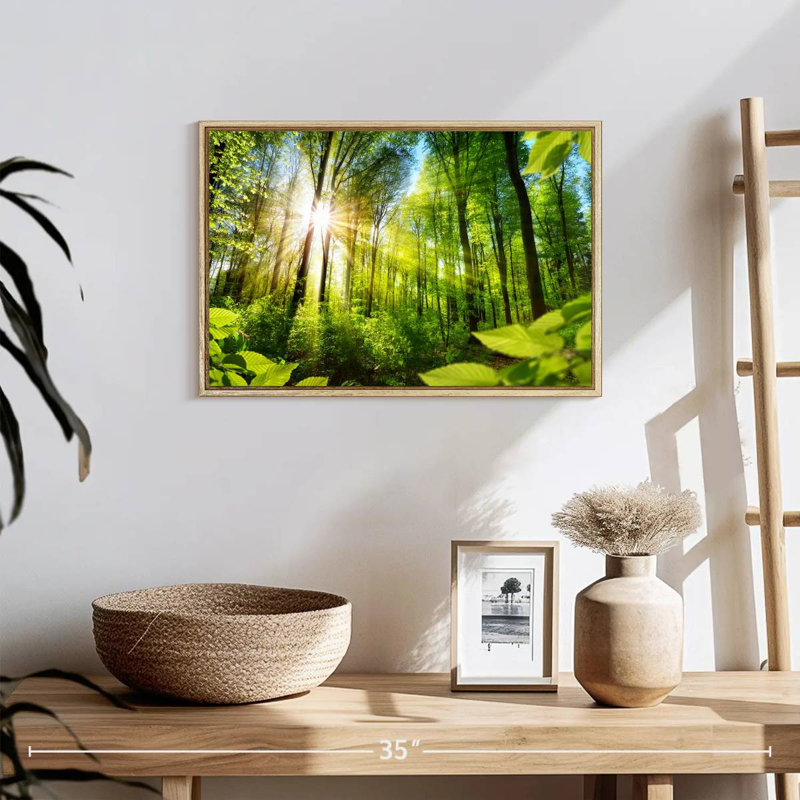 Forêt ensoleillée, 19 po x 13 po, Cadre flottant en bois naturel