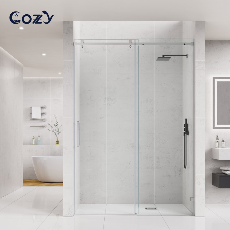 50-55" W X 76" H Frameless Single Sliding Shower Door with 3/8" (10mm) Clear Tempered Glass, Shatter-Resistant Film & Installation Hole Locator - Square Top Rail