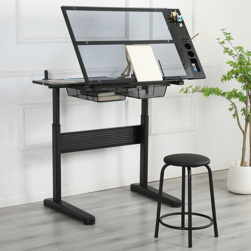 Bureau à dessin à manivelle réglable avec 2 tiroirs en métal