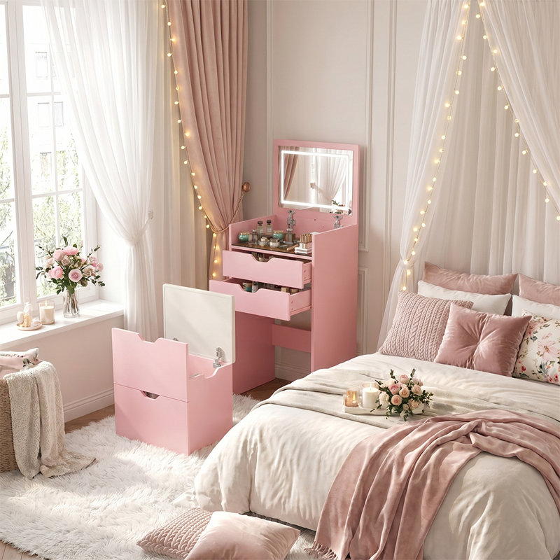 Bureau de coiffeuse rose 3 en 1 avec miroir rabattable, 2 tiroirs, rangement de tabouret caché et éclairage à DEL 3 couleurs