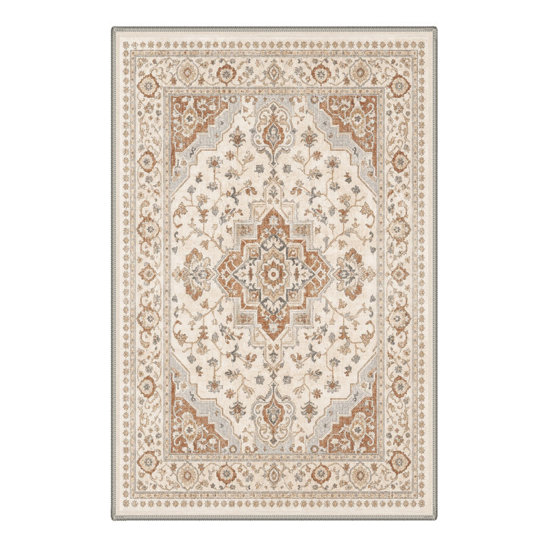 Paillasson oriental traditionnel ivoire/orange performant à poils courts, lavable et antidérapant, Rectangulaire 3 pi x 5 pi
