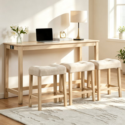 Ensemble de table de bar 4 pièces avec prise de courant, ensemble de table de bar avec chaises, table de bar avec tabourets, table de canapé derrière avec 3 tabourets rembourrés pour le salon, la salle à manger, chêne clair