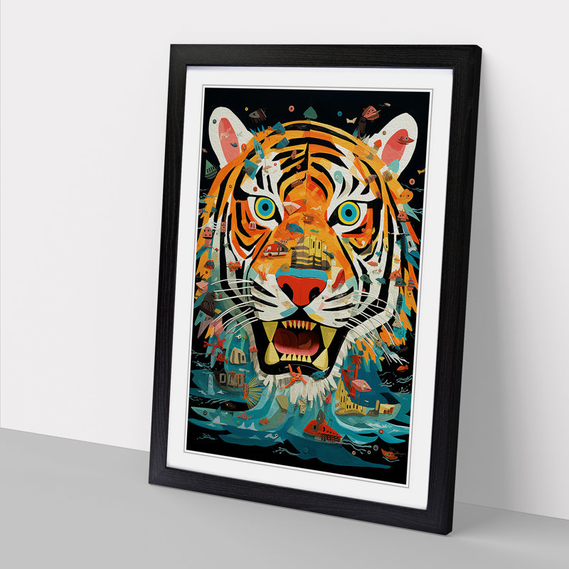 Tiger Dadaism - Single Picture Frame Print on Wood, 64cm H x 46cm W x 2cm D, Black