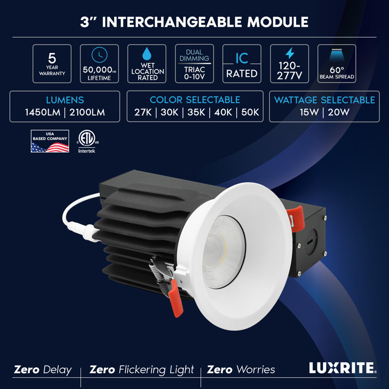 Luxrite 3 po Éclairage encastré à DEL sans cadre avec garniture ronde et étroite blanche interchangeable, 15 / 20W, 1450 / 2100LM, intensité variable, 60 °, intensité variable, emballage humide, lot de 6