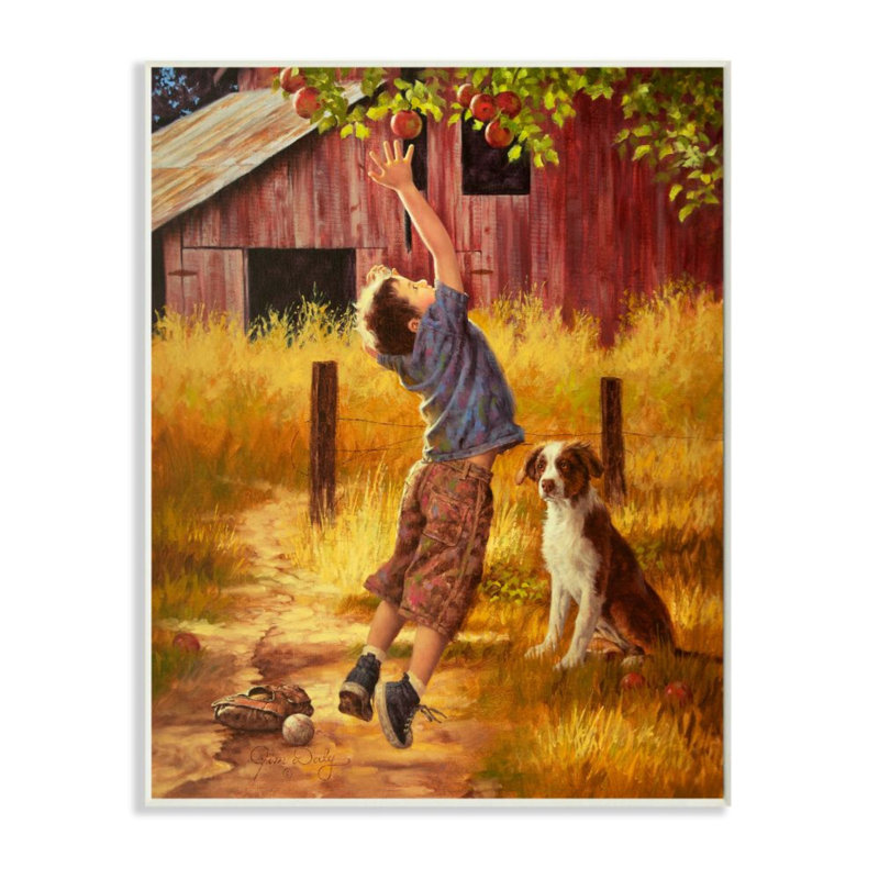 «Boy Sauting for Autumn Farm Apple with Dog» par Jim Daly - reproduction d'art, Plaque murale, H 19 po x l 13 po