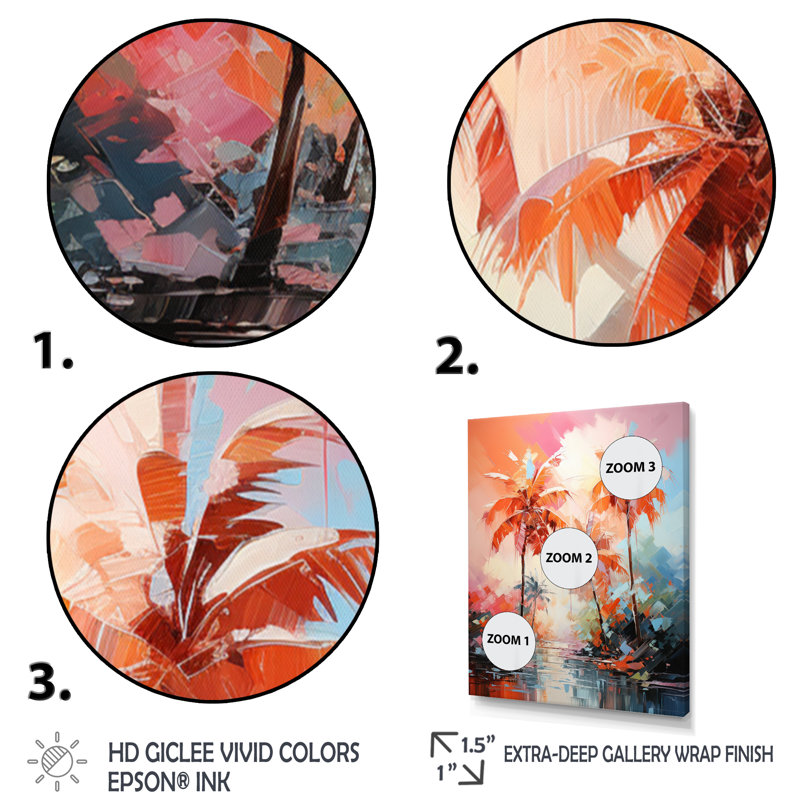 Décoration murale orange orange et palmiers roses II - palmiers et palmiers, H 40 po x l 30 po x P 1,5 po, Toile tendue
