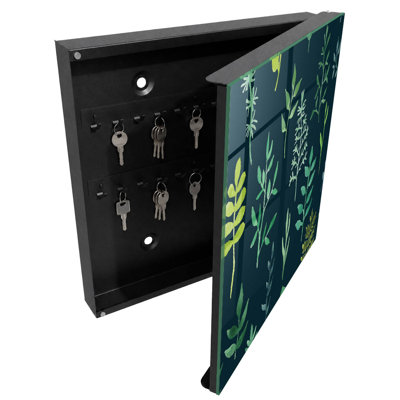 Key cabinet, Opens to the left, 30x30x5, Black, Green watercolor leaves on a dark background, 
