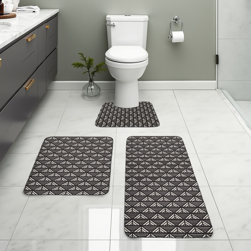  Lattice Bathroom Rug Set 3 Pieces U-Shape & Rectangle Mats Charcoal Grey Eggshell