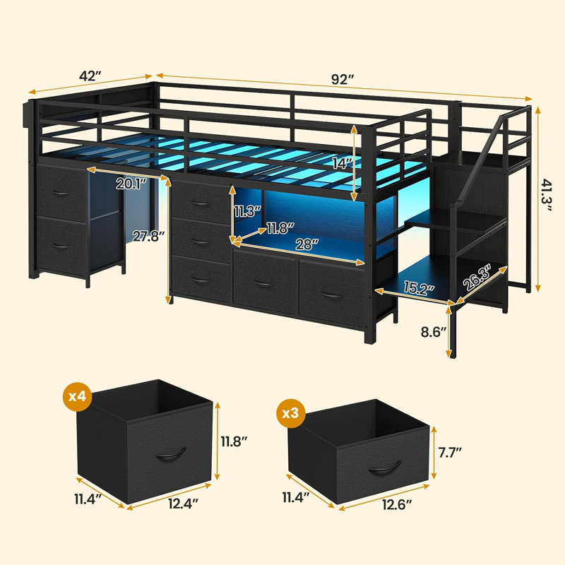 Low Loft Bed Twin Size With Stairs,7 Drawers, Bookcase And Led Lights, Black, Black