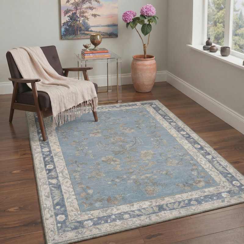 Tapis d'intérieur à motif floral brume / beige Amboy Verdant, lavable à la machine, avec envers antidérapant
