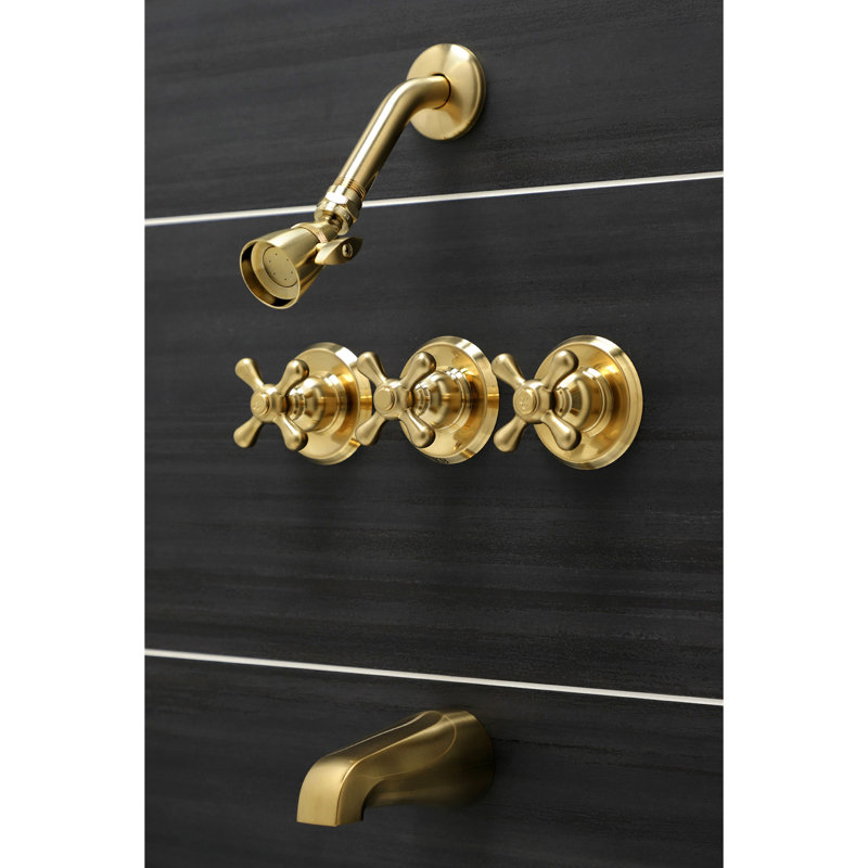 Kingston Brass Victorian Triple-Handle Tub and Shower Faucet, Brushed Brass