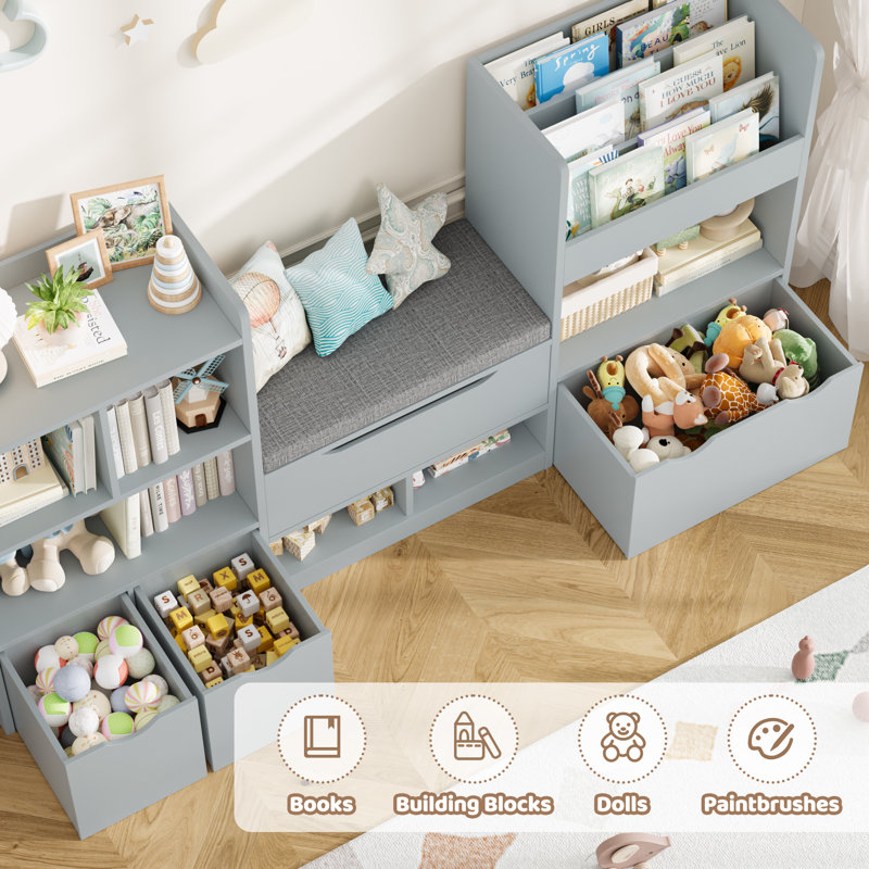72" W x 37"H 4-IN-ONE Kids Bookcase with 3 Drawers, Soft Cushion, 3-Layer Bookshelf, Reading Nook, Gray