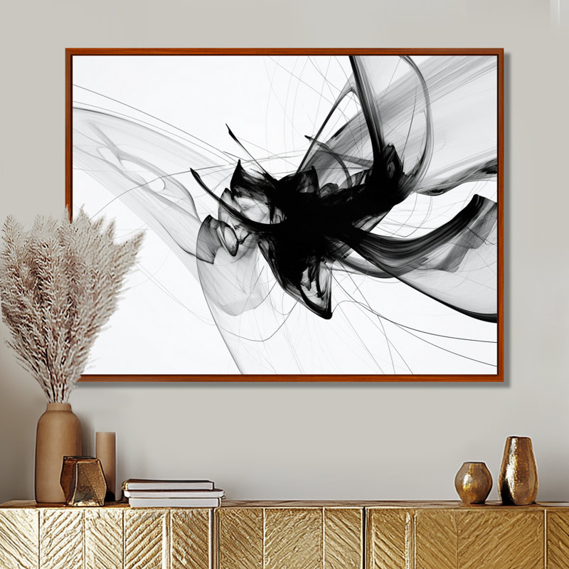 Reproduction d'art mural abstrait monochrome noir et blanc, Toile avec cadre flottant brun, H 34 po x l 44 po x P 1,5 po