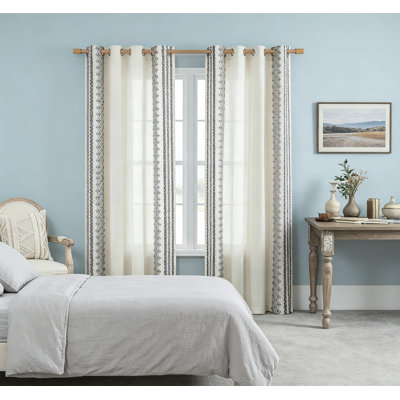Boho Linen Curtains 84 Inch 2 Panels, Grommet Semi Sheer Embroidered Drapes for Living Room Bedroom Farmhouse, 52x84 Inch