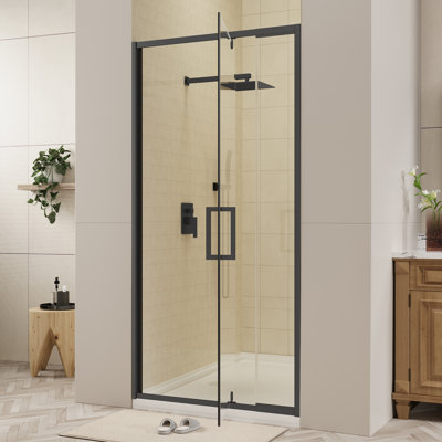 Porte de douche à cadre pivotante avec verre transparent noir