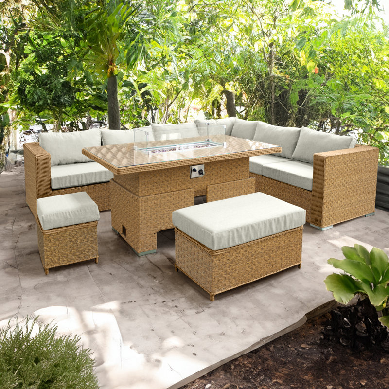 Buxton Rattan 9 Seat Rising Firepit Corner Set in Mixed Brown with Taupe Cushions, Taupe Cushion/Brown Frame