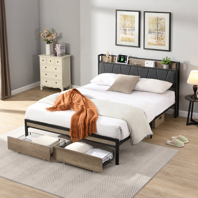 Structure de lit en métal avec tête de lit en tissu d'ameublement, doublure USB et pied de lit avec tiroirs, Tiroirs