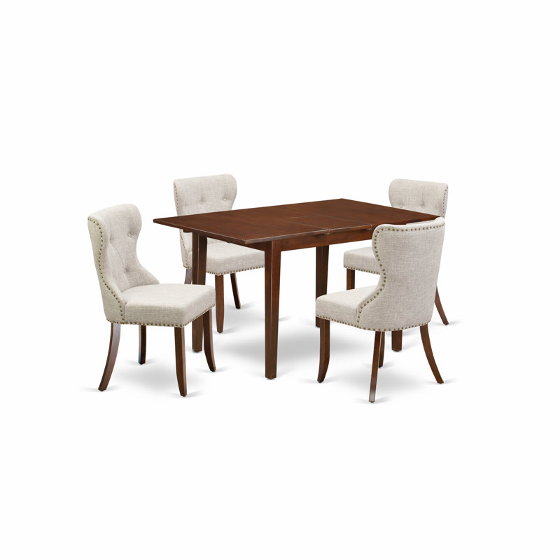 5 Piece Dining Set Includes a Rectangle Dining Room Table with Butterfly Leaf and 4 Doeskin Linen Fabric Upholstered Chairs, Mahogany