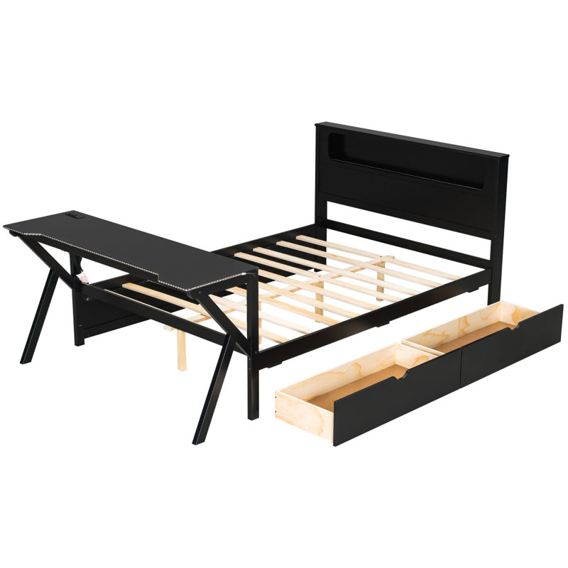 Lit plateforme en bois pleine grandeur avec tête de lit à DEL, bureau à DEL, USB et deux tiroirs de rangement, noir