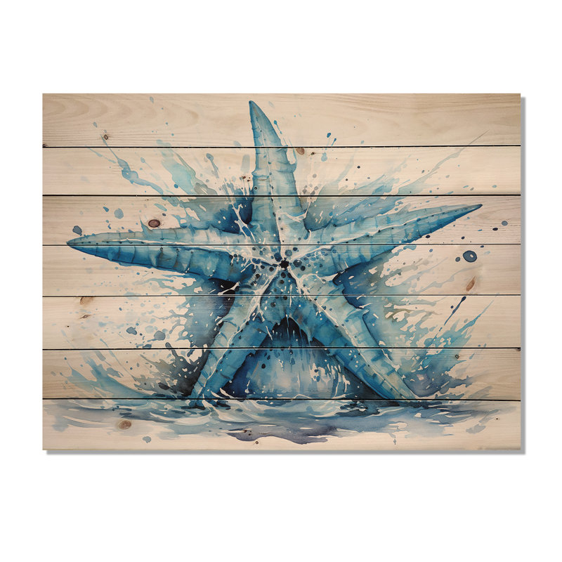 Aquarelle étoile de mer bleue - Étoile de mer sur bois, H 30 po x l 40 po x P 0,78 po