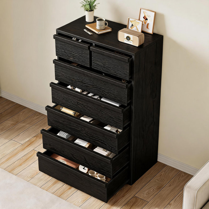 Commode 7 tiroirs, commode haute moderne, rangement à tiroir coulissant avec trousse de sécurité anti-basculement pour salon de chambre à coucher, noir