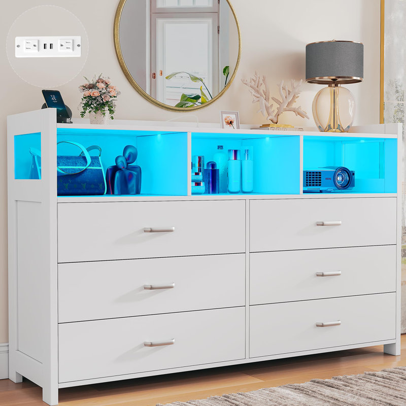 Jaylianiz 6 - Drawer Dresser with Power Outlet, Chest of Drawers with LED Lights and Open Storage, White