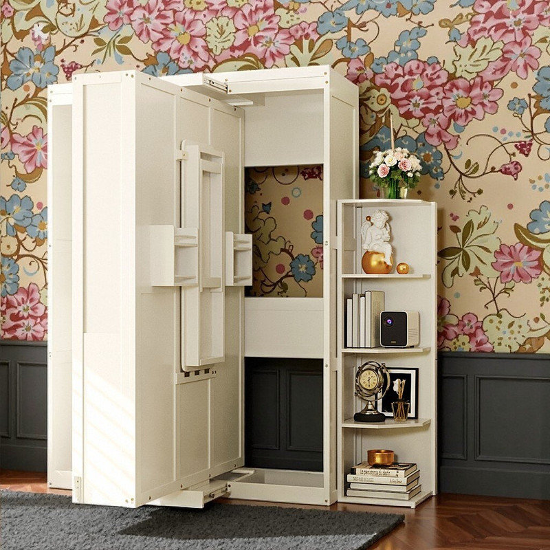 Grand lit escamotable rotatif avec double bureau intégré et tablettes de rangement, Blanc