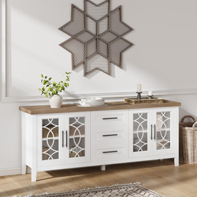 Meuble télé Farmhouse pour meuble télé de 70 pouces de style Mid-Century avec porte vitrée, meuble télé avec 2 portes de rangement et 3 tiroirs avec tablettes pour le salon