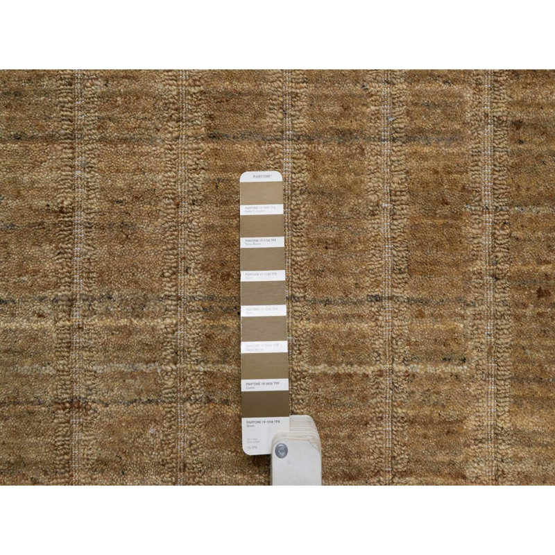 2'6"x12' Camel Brown, Vertical Stripes Design with Salt and Pepper Effect, Hand Loomed, Undyed Natural Wool, Runner, Oriental Rug