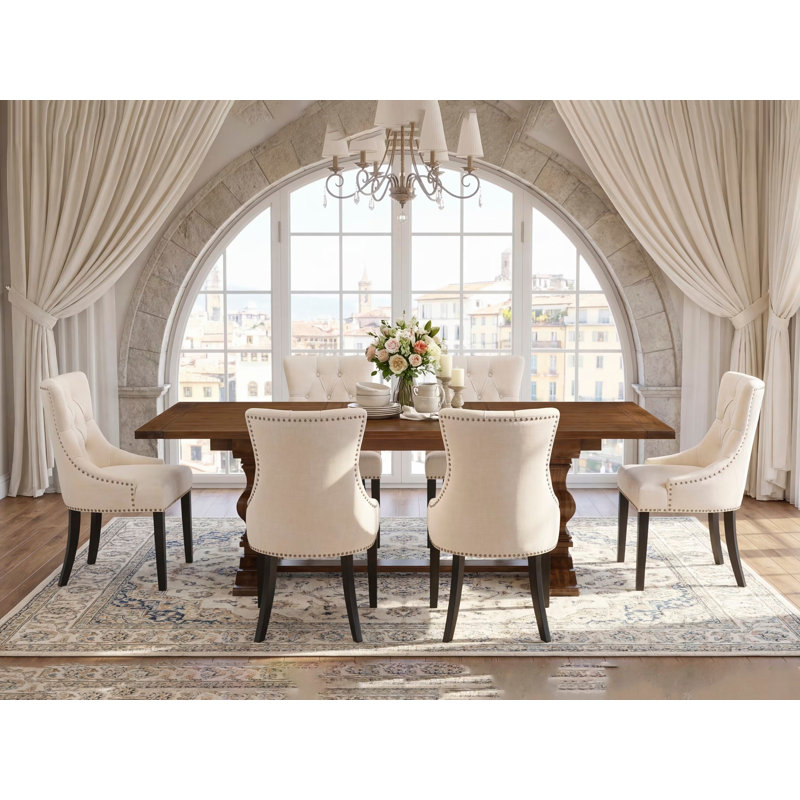 7 Piece Dining Room Set Consist of a Rectangle Wooden Table with Removable Leaf and 6 Light Beige Linen Fabric Parson Dining Chairs, Antique Walnut
