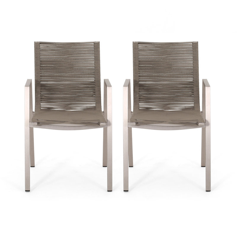Chaise de salle à manger d'extérieur moderne en aluminium avec siège en corde (ensemble de 2), Taupe / argent