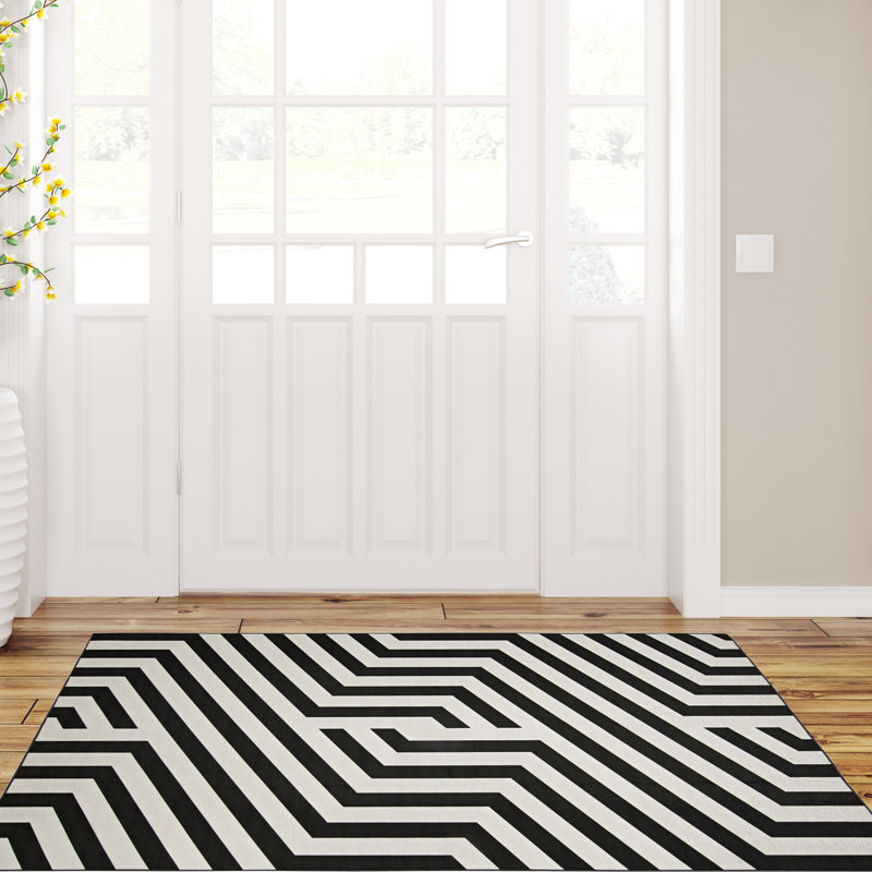 Kivett Modern Ivory and Black Indoor Outdoor Machine Washable Area Rug, Rectangle 3' x 5'