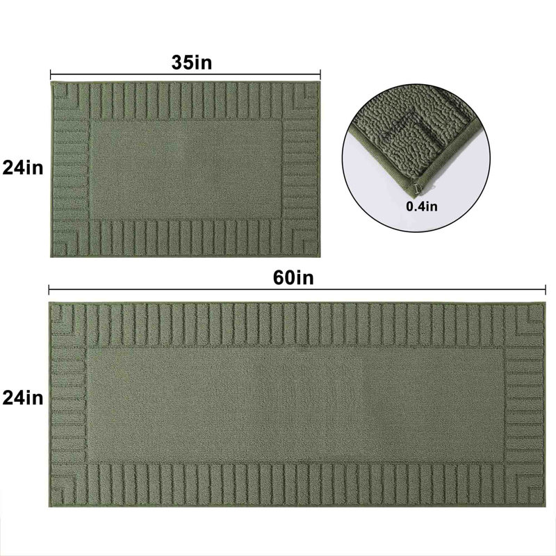 Green Rectangular Non-Slip Synthetic Kitchen Mat Set