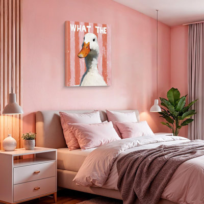 Funny What The Duck Pink Wall Art Print Rustic Pink Striped Duck Picture Painting Artwork Funny Wall Decor For Home Farmhouse Living Room 8X10 Canvas Framed