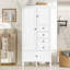 Armoire de rangement haute et large avec portes pour salle de bain / bureau / salon / intérieur, quatre tiroirs de différentes tailles, tablettes réglables, blanc