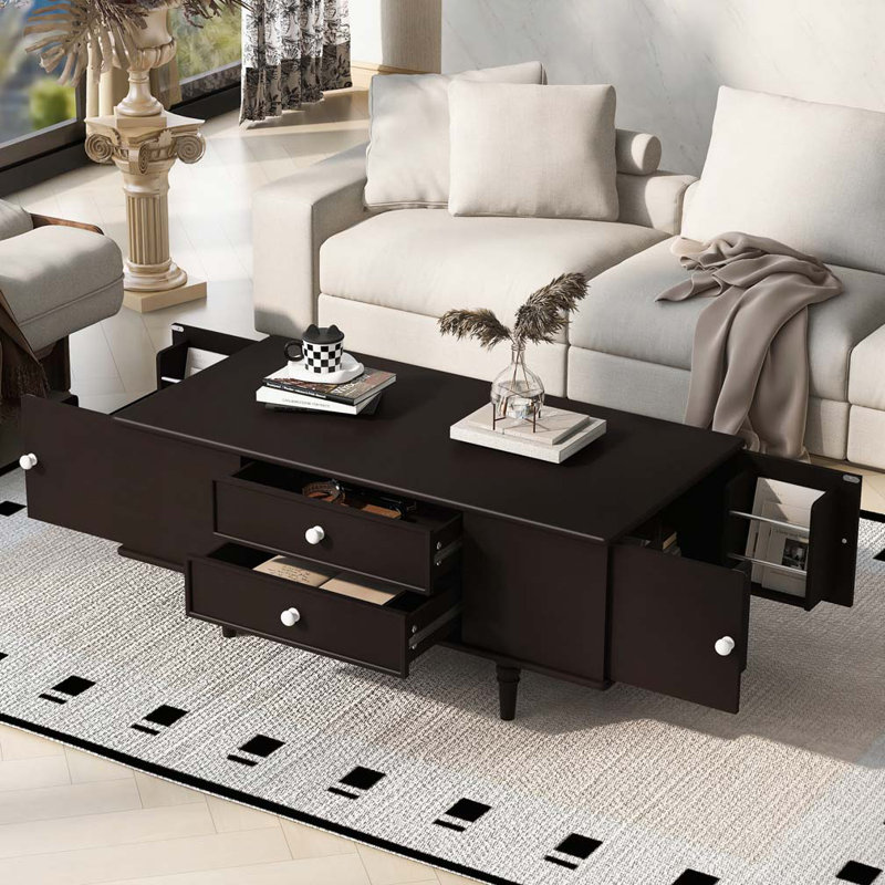 Coffee Table with Four Drawers, Two Side Hidden Storage Compartments, Brown