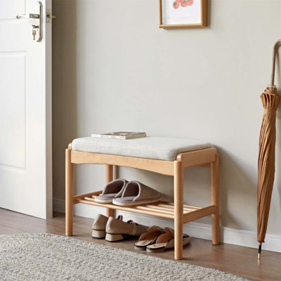 Banc à chaussures en bois massif, rangement Mid-Century moderne avec coussin éponge à rebond élevé pour le vestibule et les espaces de vie