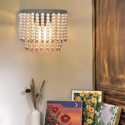 Applique murale Boho, applique murale Art déco rétro, éclairage de couloir mural pour l'entrée de la chambre à coucher (perle en bois blanc)