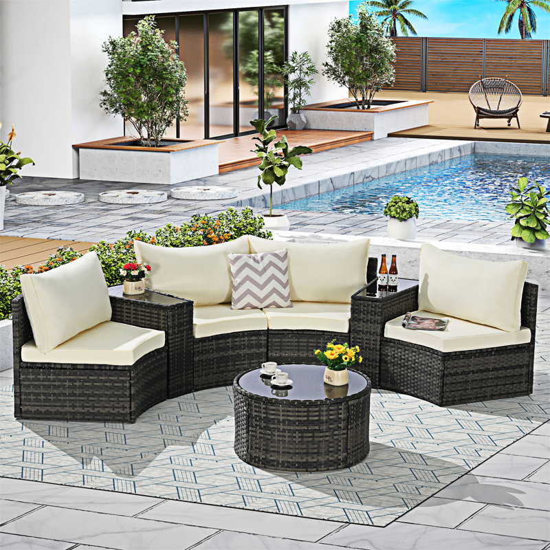 7-Piece Half-Moon Sectional Sofa Set with Coffee Table, Beige